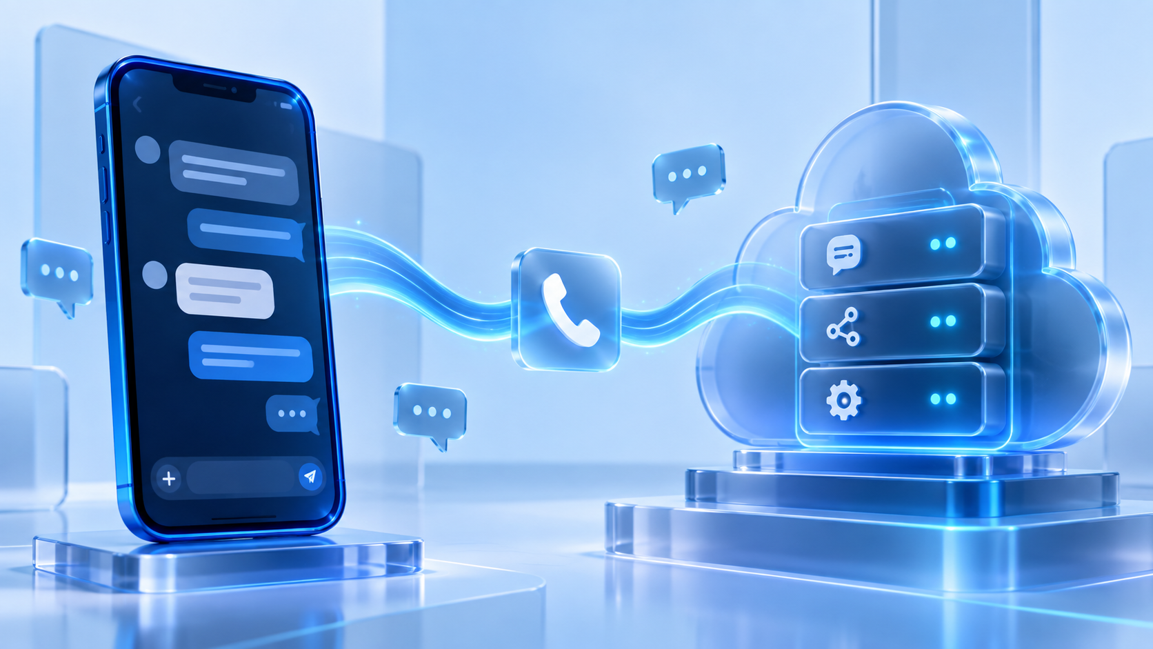 Ilustração original de um celular WhatsApp Business conectado a uma plataforma de mensagens pela API