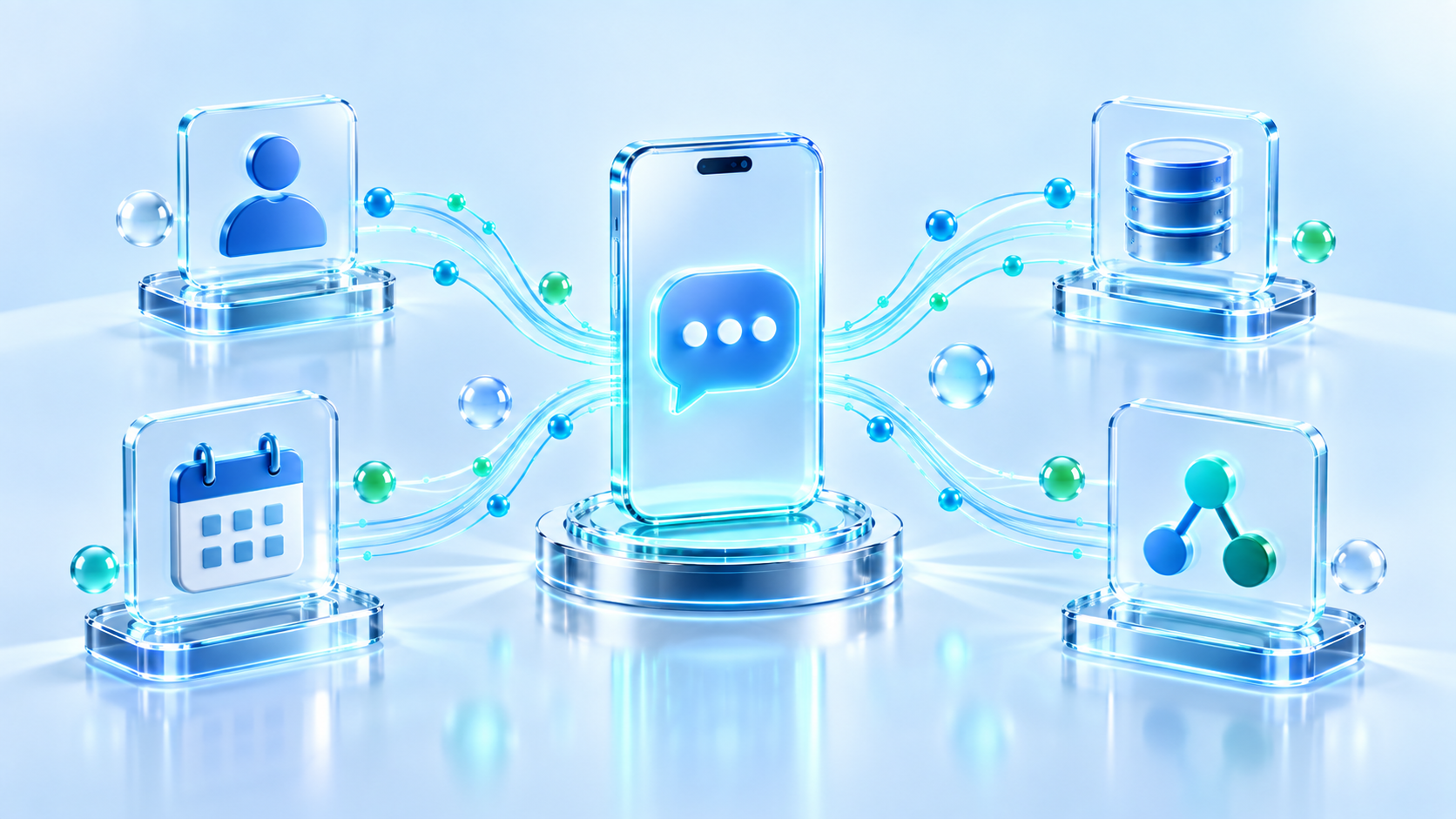 Ilustração original da plataforma WhatsApp conectada a contatos, sistemas, agenda e eventos
