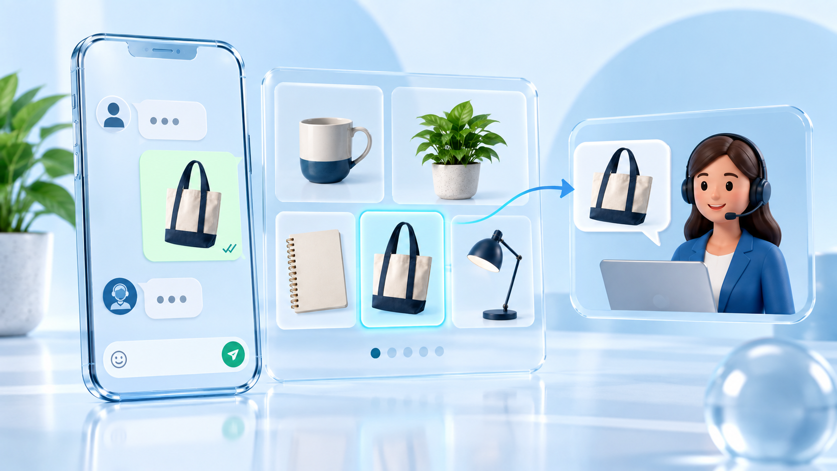 Ilustração de catálogo de caneca, planta, caderno, bolsa e luminária em uma conversa