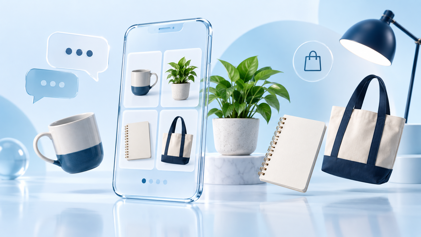 Ilustração original de um catálogo de canecas, plantas, cadernos e bolsas em um celular